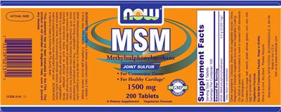 Photo of the NOW MSM Methylsulphonylmethane Joint Sulfur 1500 mg label