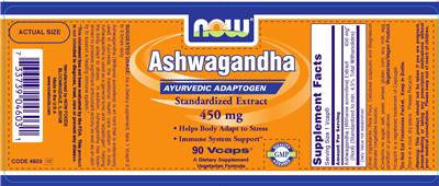 Photo of the NOW Ashwagandha Standardized Extract 450 mg label