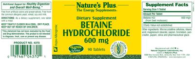Photo of the Nature's Plus Betaine Hydrochloride 600 mg label
