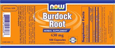 Photo of the NOW Burdock Root 430 mg label