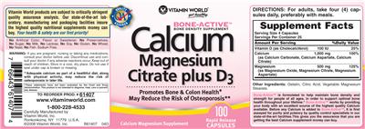 Photo of the Vitamin World Calcium Magnesium Citrate Plus D3 label