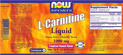 Photo of the NOW Sports L-Carnitine Liquid 1000 mg Tropical Punch Flavor label