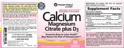 Photo of the Vitamin World Calcium Magnesium Citrate Plus D3 label
