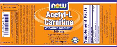 Photo of the NOW Acetyl-L Carnitine 500 mg label