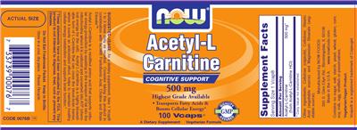 Photo of the NOW Acetyl-L Carnitine 500 mg label