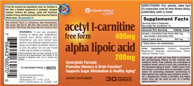 Acetyl L-Carnitine 400 mg Alpha Lipoic Acid 200 mg