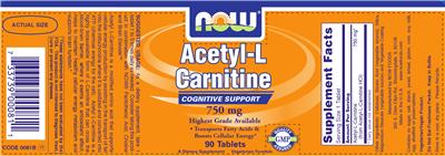 Photo of the NOW Acetyl-L Carnitine 750 mg label