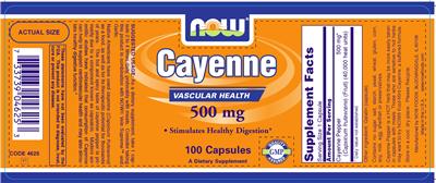 Photo of the NOW Cayenne 500 mg label