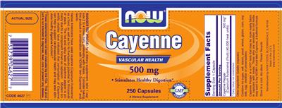 Photo of the NOW Cayenne 500 mg label