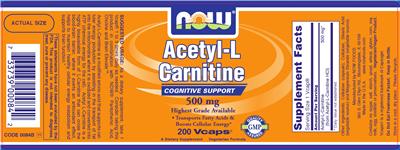 Photo of the NOW Acetyl-L Carnitine 500 mg label