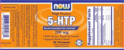 Photo of the NOW 5-HTP 200 mg label