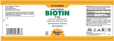 Photo of the Country Life Biotin 5 mg label