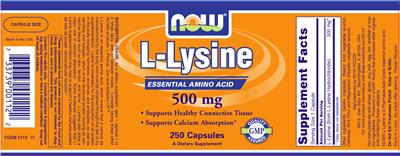 Photo of the NOW L-Lysine 500 mg label