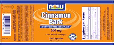 Photo of the NOW Cinnamon Bark 600 mg label