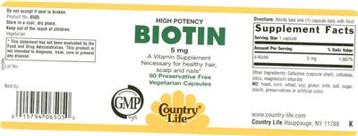 Photo of the Country Life High Potency Biotin 5 mg label