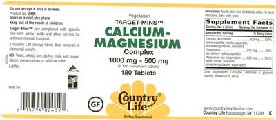 Photo of the Country Life Target-Mins Calcium-Magnesium Complex label