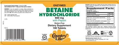 Photo of the Country Life Betaine Hydrochloride 600 mg With Pepsin label