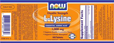 Photo of the NOW Double Strength L-Lysine 1,000 mg label