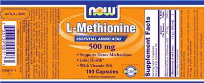 Photo of the NOW L-Methionine 500 mg label