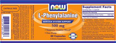 Photo of the NOW L-Phenylalanine 500 mg label