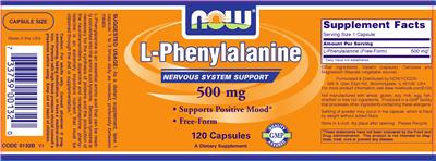 Photo of the NOW L-Phenylalanine 500 mg label