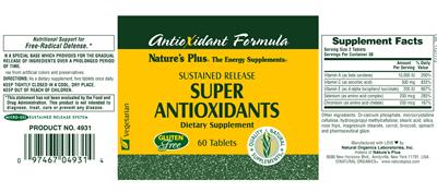 Photo of the Nature's Plus Antioxidant Formula Sustained Release Super Antioxidants label