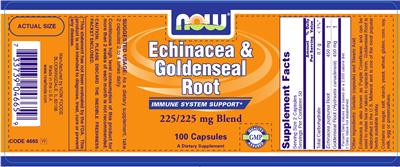 Photo of the NOW Echinacea & Goldenseal Root 225/225 mg Blend label