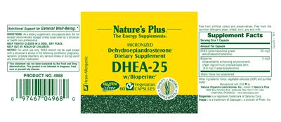 Photo of the Nature's Plus Micronized DHEA-25 W/Bioperine label