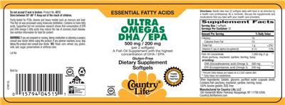 Photo of the Country Life Ultra Omega DHA/EPA 500 mg/200 mg label