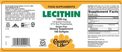 Photo of the Country Life Lecithin 1200 mg label
