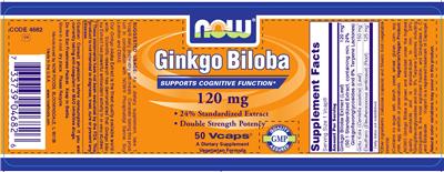 Photo of the NOW Ginkgo Biloba 120 mg label