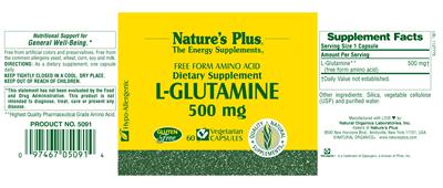 Photo of the Nature's Plus Free Form Amino Acid L-Glutamine 500 mg label