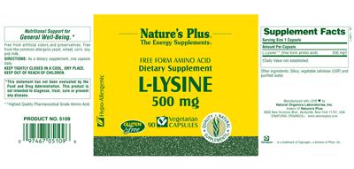 Photo of the Nature's Plus Free Form Amino Acid L-Lysine 500 mg label