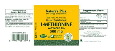 Photo of the Nature's Plus Free Form Amino Acid L-Methionine W/Vitamin B-6 500 mg label