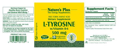 Photo of the Nature's Plus Free Form Amino Acid L-Tyrosine W/Vitamin B-6 500 mg label