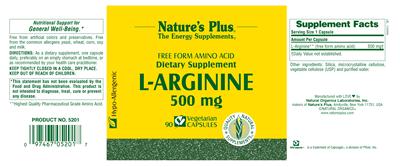 Photo of the Nature's Plus Free Form Amino Acid L-Arginine 500 mg label