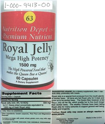 Photo of the Nutrition Depot USA Royal Jelly Mega High Potency 1500 mg label