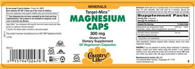 Photo of the Country Life Target-Mins Magnesium Caps 300 mg label