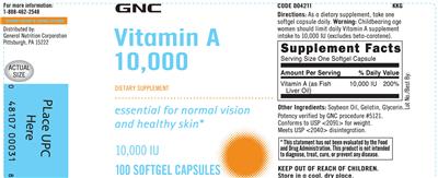 Photo of the GNC Vitamin A 10,000 label