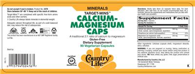 Photo of the Country Life Target-Mins Calcium-Magnesium Caps label