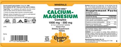 Photo of the Country Life Target-Mins Calcium-Magnesium Complex 1000 mg - 500 mg label