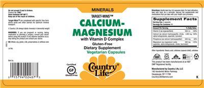 Photo of the Country Life Target-Mins Calcium-Magnesium With Vitamin D Complex label