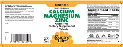Photo of the Country Life Target-Mins Calcium Magnesium Zinc label