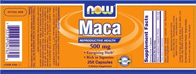 Photo of the NOW Maca 500 mg label