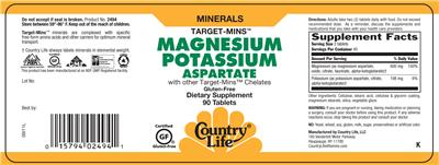 Photo of the Country Life Target-Mins Magnesium Potassium Aspartate label