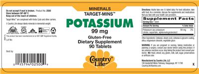 Photo of the Country Life Target-Mins Potassium 99 mg label
