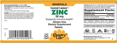 Photo of the Country Life Target-Mins Zinc 50 mg label