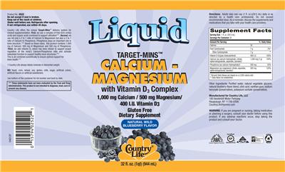 Photo of the Country Life Liquid Target-Mins Calcium-Magnesium Natural Wild Blueberry Flavor label