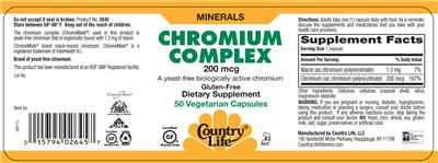Photo of the Country Life Chromium Complex 200 mcg label