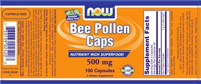 Photo of the NOW Bee Pollen Caps 500 mg label